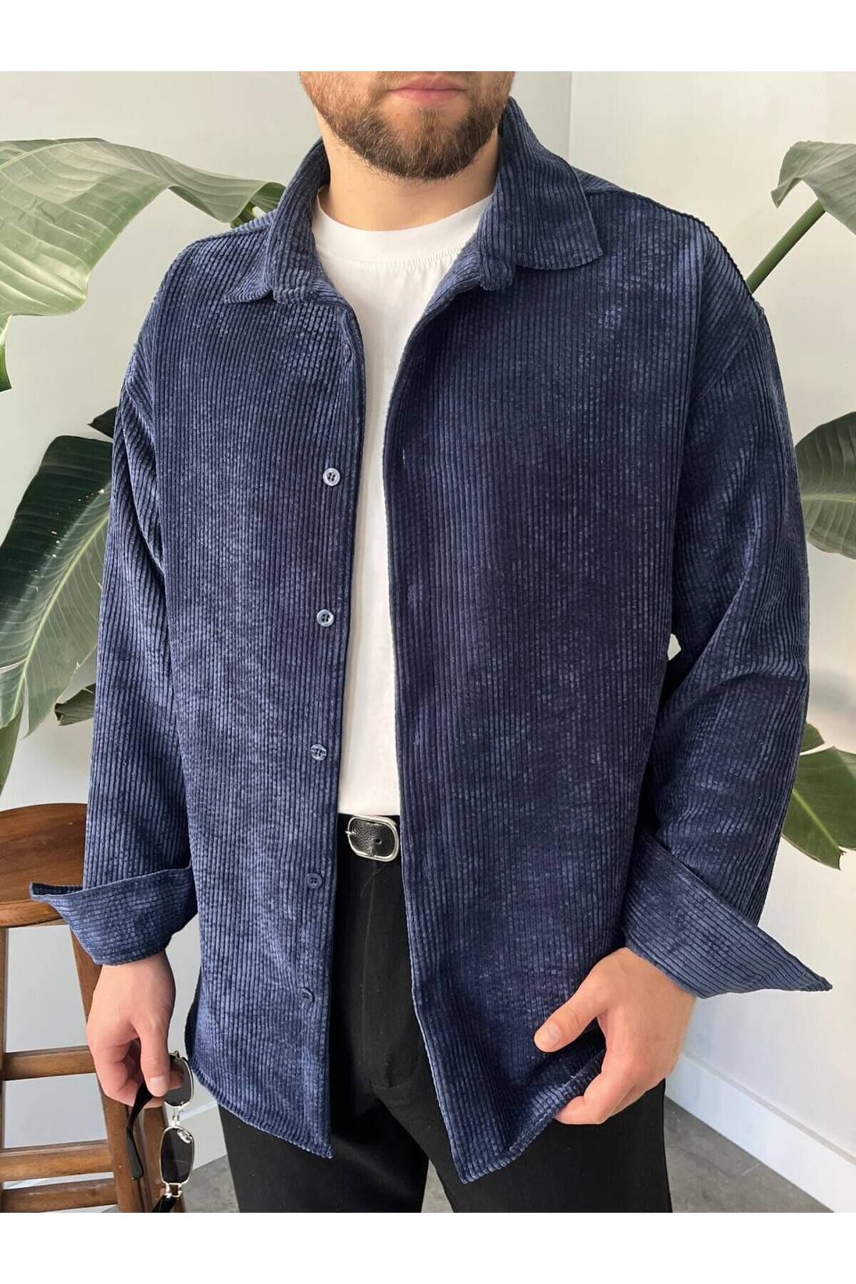 Erkek Düz Fitilli Kadife Oversize Geniş Kalıp Gömlek Lacivert - 2XL