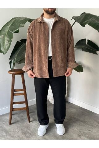 Erkek Düz Fitilli Kadife Oversize Geniş Kalıp Gömlek Açık Kahverengi - L