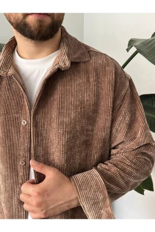 Erkek Düz Fitilli Kadife Oversize Geniş Kalıp Gömlek Açık Kahverengi - L