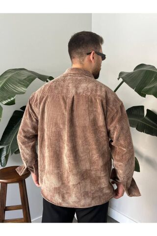Erkek Düz Fitilli Kadife Oversize Geniş Kalıp Gömlek Açık Kahverengi - L