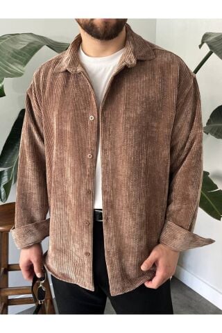 Erkek Düz Fitilli Kadife Oversize Geniş Kalıp Gömlek Açık Kahverengi - 2XL
