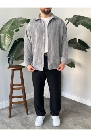 Erkek Düz Fitilli Kadife Oversize Geniş Kalıp Gömlek Gri - XL