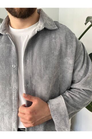 Erkek Düz Fitilli Kadife Oversize Geniş Kalıp Gömlek Gri - XL