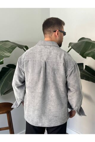 Erkek Düz Fitilli Kadife Oversize Geniş Kalıp Gömlek Gri - XL