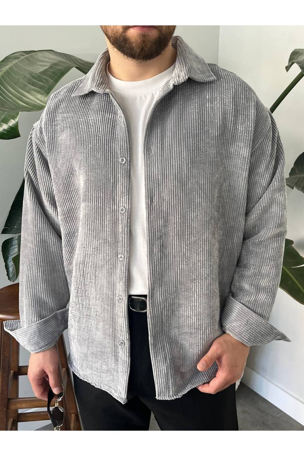 Erkek Düz Fitilli Kadife Oversize Geniş Kalıp Gömlek Gri - XL