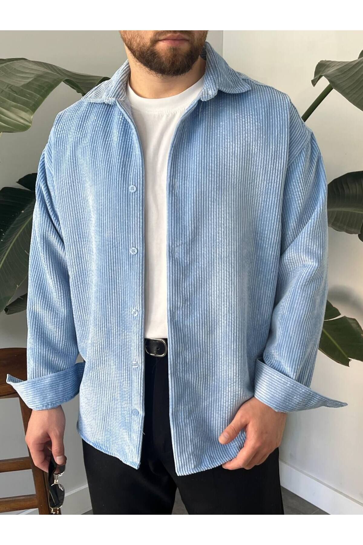 Erkek Düz Fitilli Kadife Oversize Geniş Kalıp Gömlek Bebe Mavisi - M