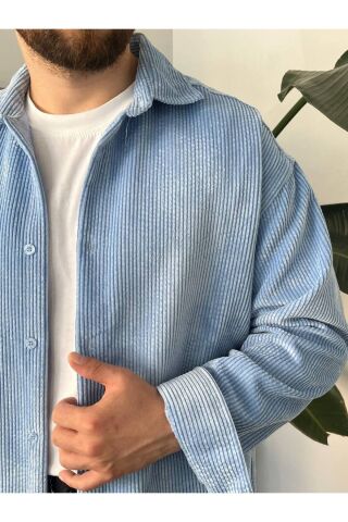 Erkek Düz Fitilli Kadife Oversize Geniş Kalıp Gömlek Bebe Mavisi - XL