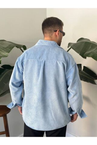 Erkek Düz Fitilli Kadife Oversize Geniş Kalıp Gömlek Bebe Mavisi - XL