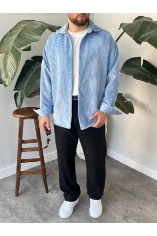Erkek Düz Fitilli Kadife Oversize Geniş Kalıp Gömlek Bebe Mavisi - 2XL