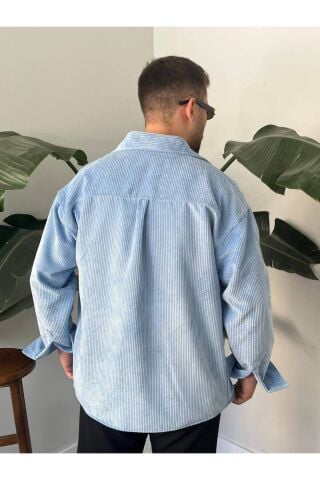 Erkek Düz Fitilli Kadife Oversize Geniş Kalıp Gömlek Bebe Mavisi - 2XL
