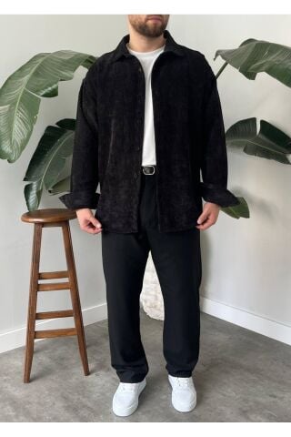 Erkek Düz Fitilli Kadife Oversize Geniş Kalıp Gömlek Siyah - S