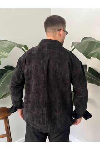 Erkek Düz Fitilli Kadife Oversize Geniş Kalıp Gömlek Siyah - S