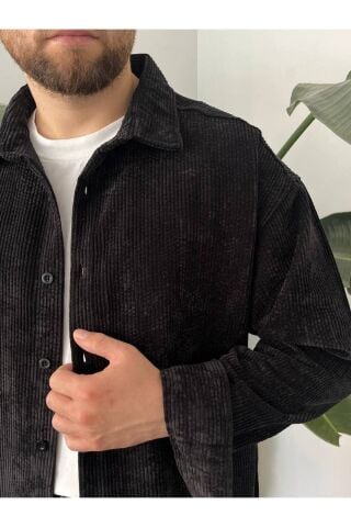 Erkek Düz Fitilli Kadife Oversize Geniş Kalıp Gömlek Siyah - 2XL