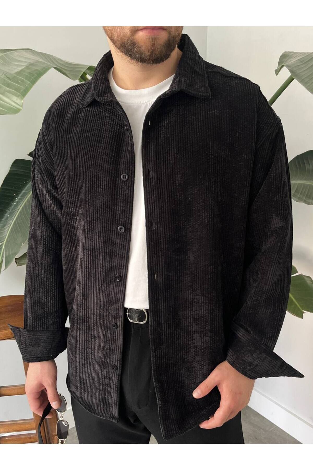 Erkek Düz Fitilli Kadife Oversize Geniş Kalıp Gömlek Siyah - 2XL