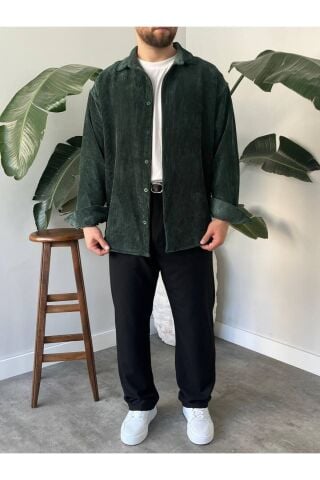 Erkek Düz Fitilli Kadife Oversize Geniş Kalıp Gömlek Koyu Yeşil - XL