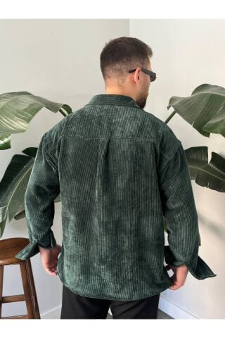 Erkek Düz Fitilli Kadife Oversize Geniş Kalıp Gömlek Koyu Yeşil - XL