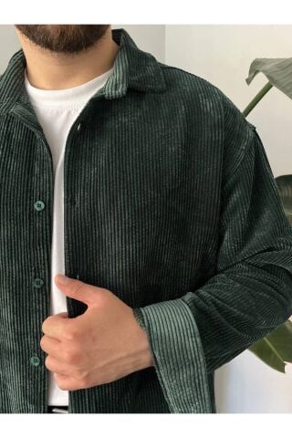 Erkek Düz Fitilli Kadife Oversize Geniş Kalıp Gömlek Koyu Yeşil - 2XL