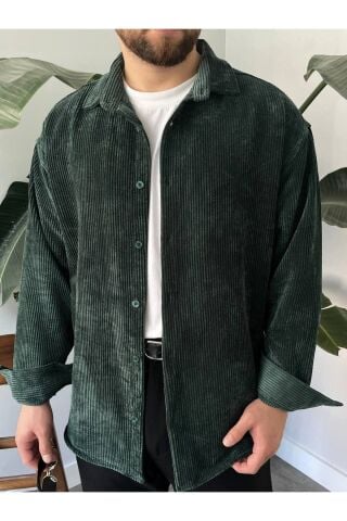 Erkek Düz Fitilli Kadife Oversize Geniş Kalıp Gömlek Koyu Yeşil - 2XL
