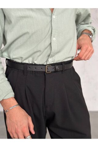 Erkek Suni Deri İnce Kumaş Pantolon Kemeri Desenli Siyah - M