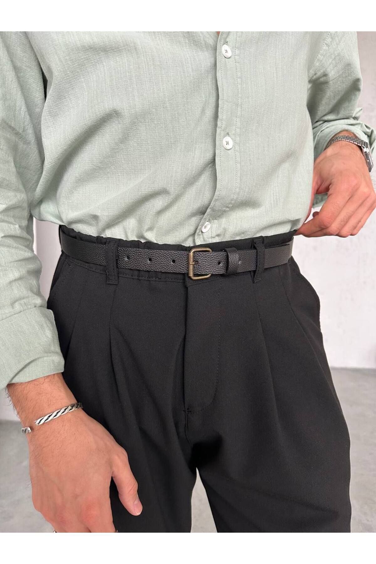 Erkek Suni Deri İnce Kumaş Pantolon Kemeri Desenli Siyah - M