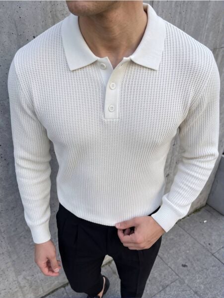 Erkek Düğmeli Örgü Polo Yaka Triko Kazak Beyaz - XL