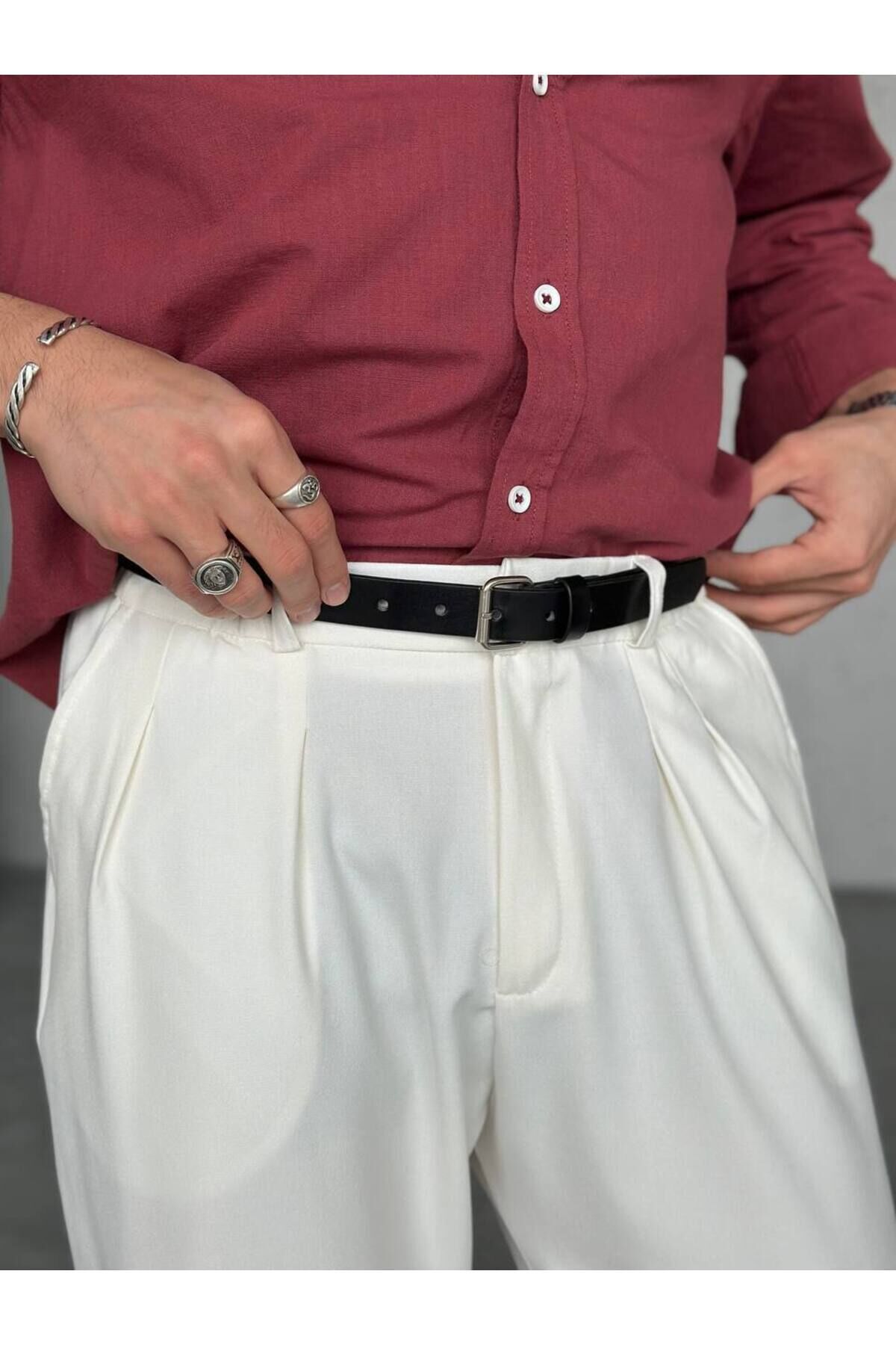 Erkek Suni Deri İnce Kumaş Pantolon Kemeri Siyah - S