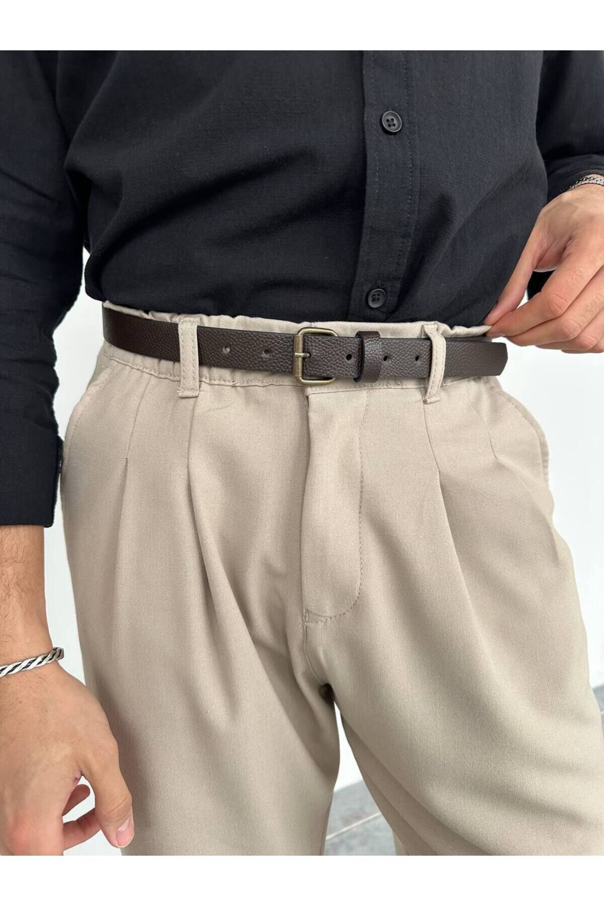 Erkek Suni Deri İnce Kumaş Pantolon Kemeri Kahverengi - M