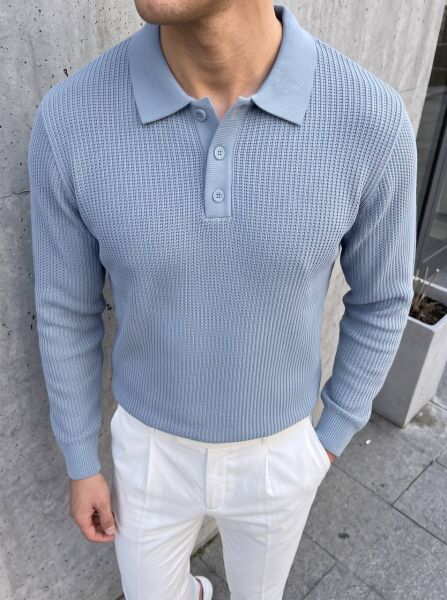 Erkek Düğmeli Örgü Polo Yaka Triko Kazak Mavi - XL
