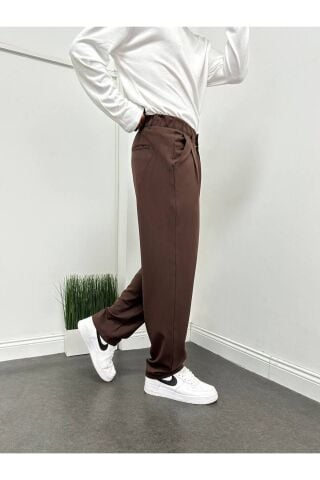 Erkek Pileli Beli Lastikli Acı Kahve Baggy Rahat Kalıp Kumaş Pantolon Acı Kahverengi - XL