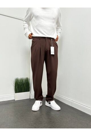Erkek Pileli Beli Lastikli Acı Kahve Baggy Rahat Kalıp Kumaş Pantolon Acı Kahverengi - XL