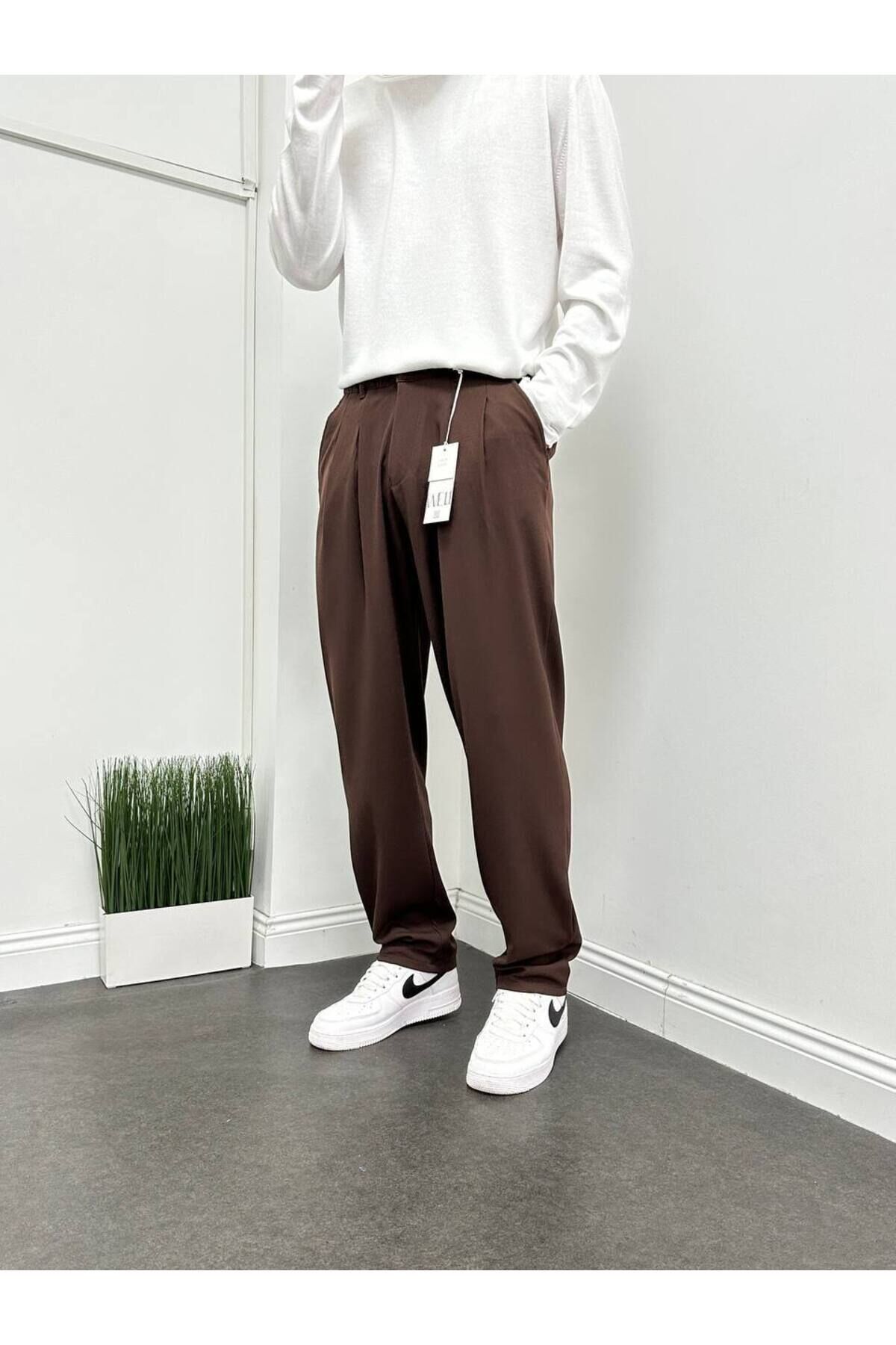 Erkek Pileli Beli Lastikli Acı Kahve Baggy Rahat Kalıp Kumaş Pantolon Acı Kahverengi - XL