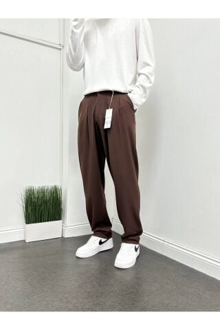Erkek Pileli Beli Lastikli Acı Kahve Baggy Rahat Kalıp Kumaş Pantolon Acı Kahverengi - XL