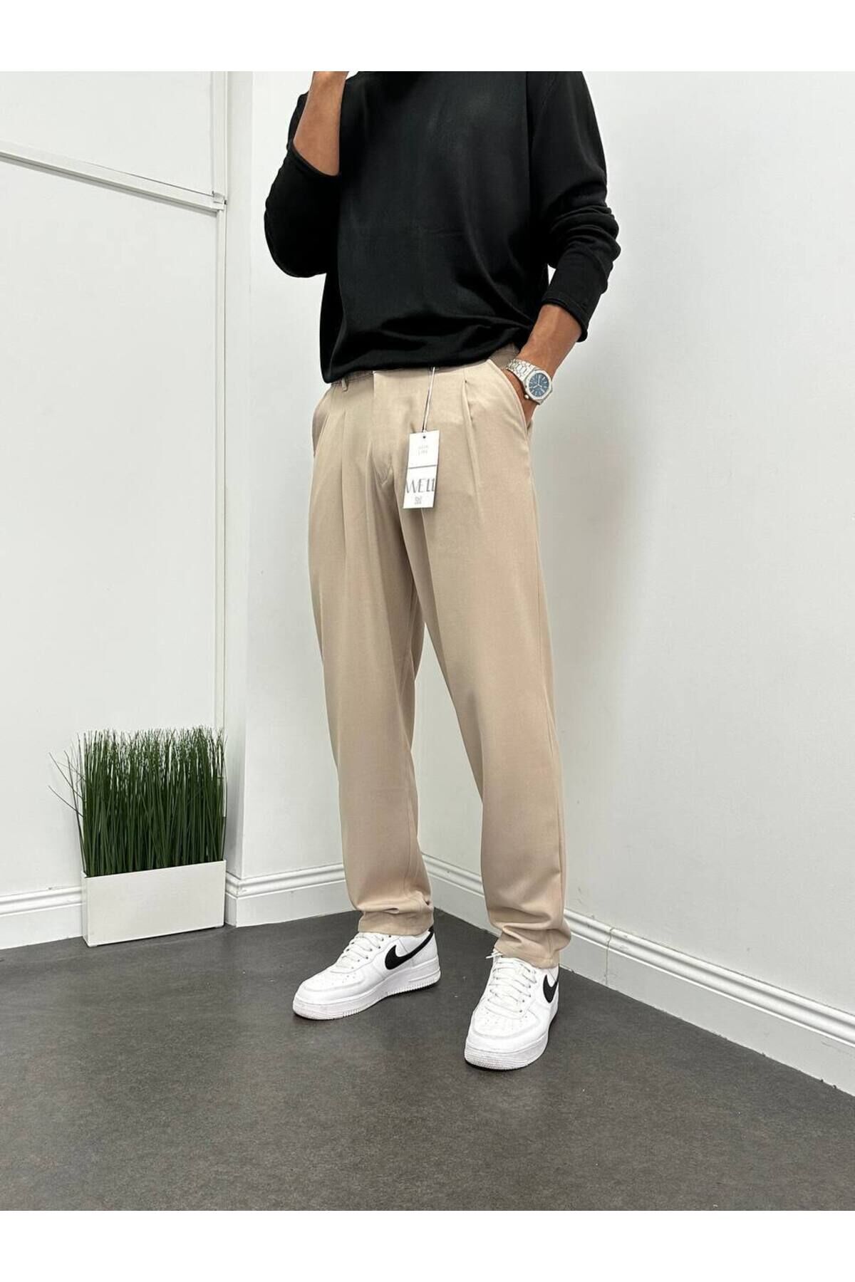 Erkek Pileli Beli Lastikli Acı Kahve Baggy Rahat Kalıp Kumaş Pantolon Krem 2 - XL