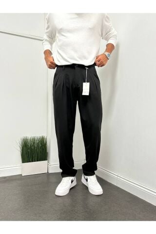 Erkek Pileli Beli Lastikli Acı Kahve Baggy Rahat Kalıp Kumaş Pantolon Siyah - XL