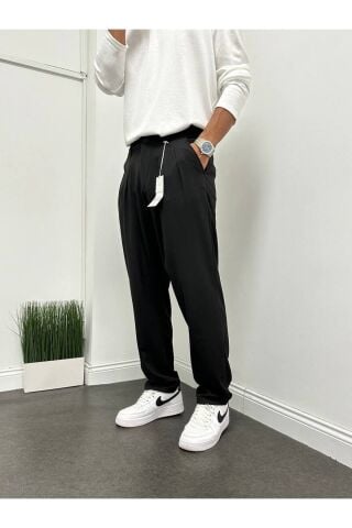Erkek Pileli Beli Lastikli Acı Kahve Baggy Rahat Kalıp Kumaş Pantolon Siyah - XL