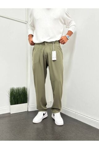 Erkek Pileli Beli Lastikli Acı Kahve Baggy Rahat Kalıp Kumaş Pantolon Haki - L