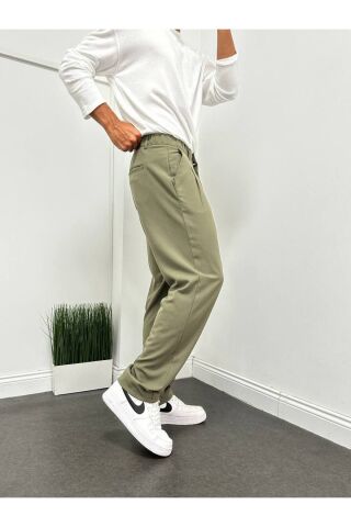 Erkek Pileli Beli Lastikli Acı Kahve Baggy Rahat Kalıp Kumaş Pantolon Haki - L