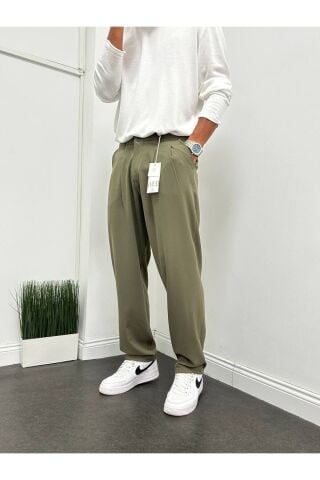 Erkek Pileli Beli Lastikli Acı Kahve Baggy Rahat Kalıp Kumaş Pantolon Haki - L