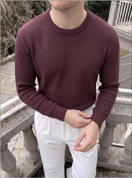 Erkek Bisiklet Yaka Triko Kazak Bordo - XL