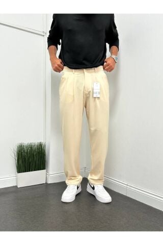 Erkek Pileli Beli Lastikli Acı Kahve Baggy Rahat Kalıp Kumaş Pantolon Krem - S