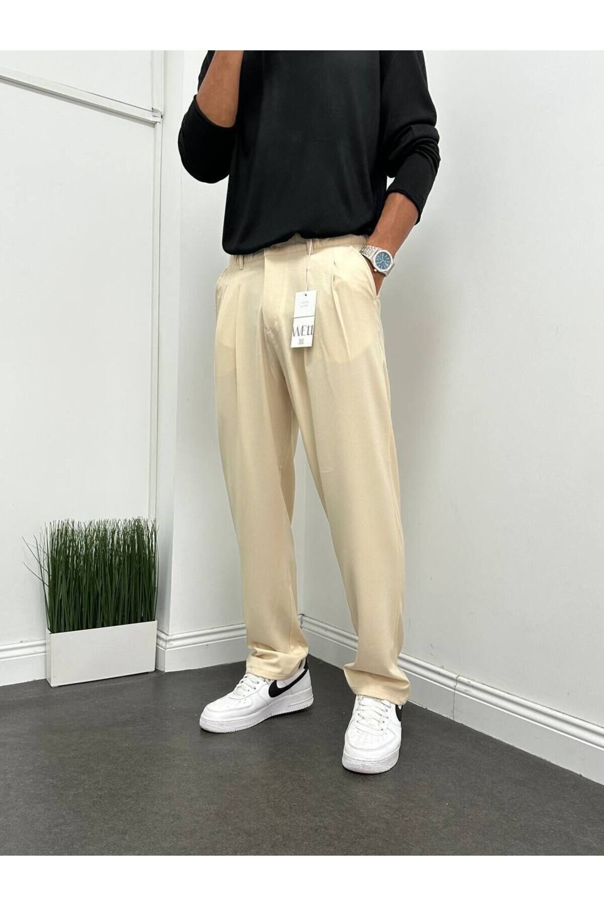 Erkek Pileli Beli Lastikli Acı Kahve Baggy Rahat Kalıp Kumaş Pantolon Krem - S