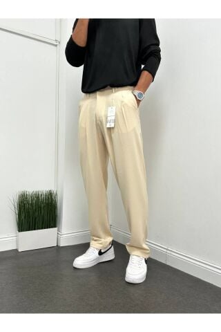 Erkek Pileli Beli Lastikli Acı Kahve Baggy Rahat Kalıp Kumaş Pantolon Krem - S