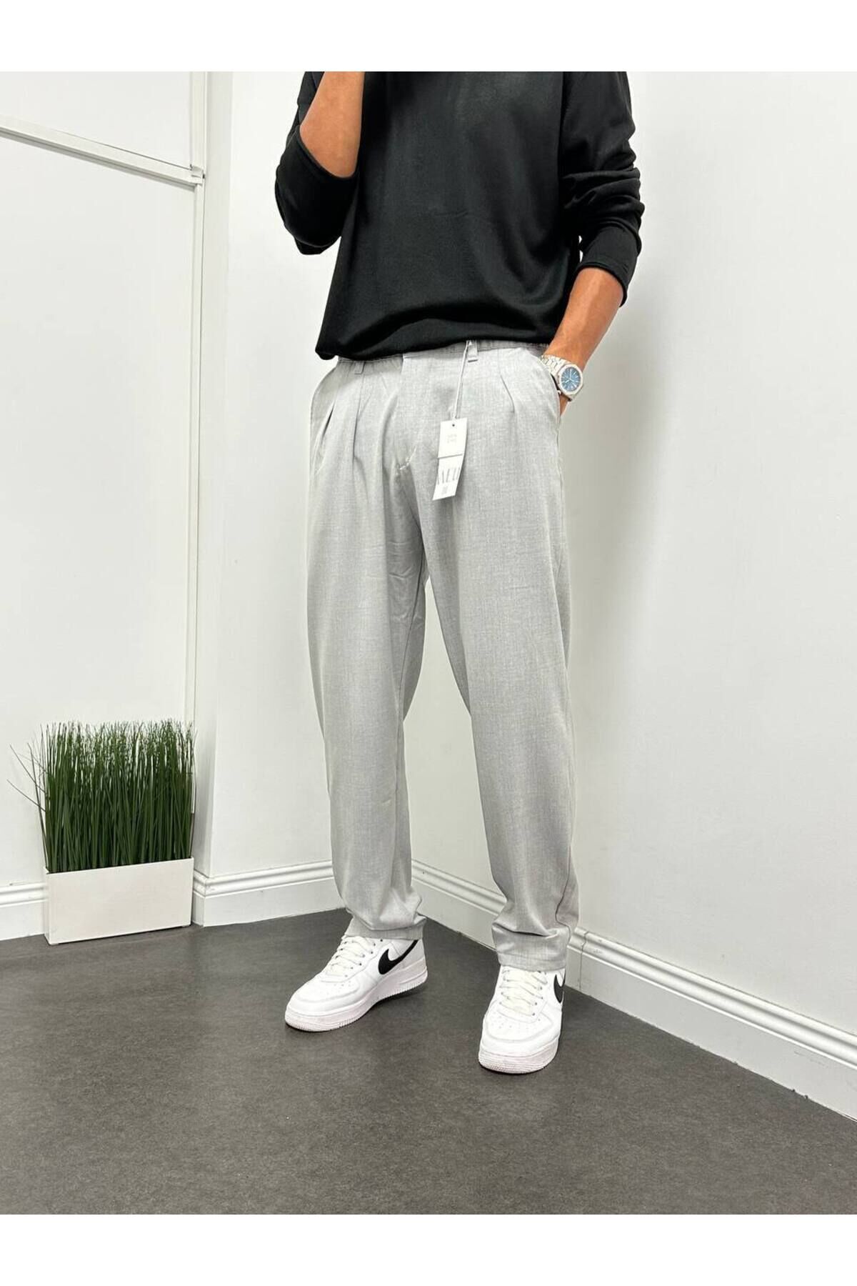 Erkek Pileli Beli Lastikli Acı Kahve Baggy Rahat Kalıp Kumaş Pantolon Gri - M