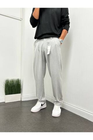 Erkek Pileli Beli Lastikli Acı Kahve Baggy Rahat Kalıp Kumaş Pantolon Gri - M