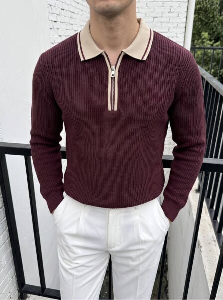 Erkek Triko Polo Yaka Detaylı  Fermuarlı Bordo - XL