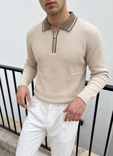 Erkek Triko Polo Yaka Detaylı  Fermuarlı Bej - XL