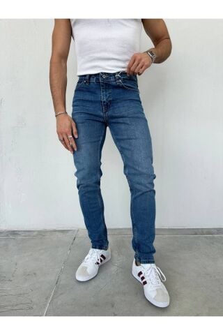 Erkek Regular Normal Kalıp Likralı Kot pantolon Taşlamalı Mavi - 34