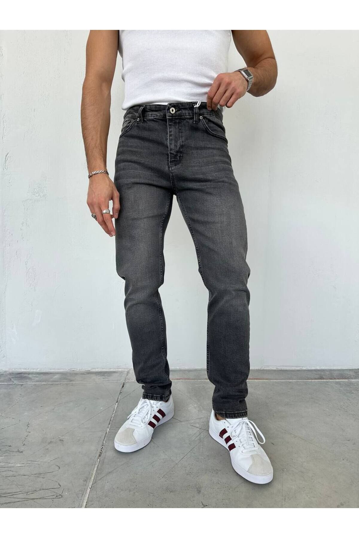 Erkek Regular Normal Kalıp Likralı Kot pantolon Ekitme Gri - 33