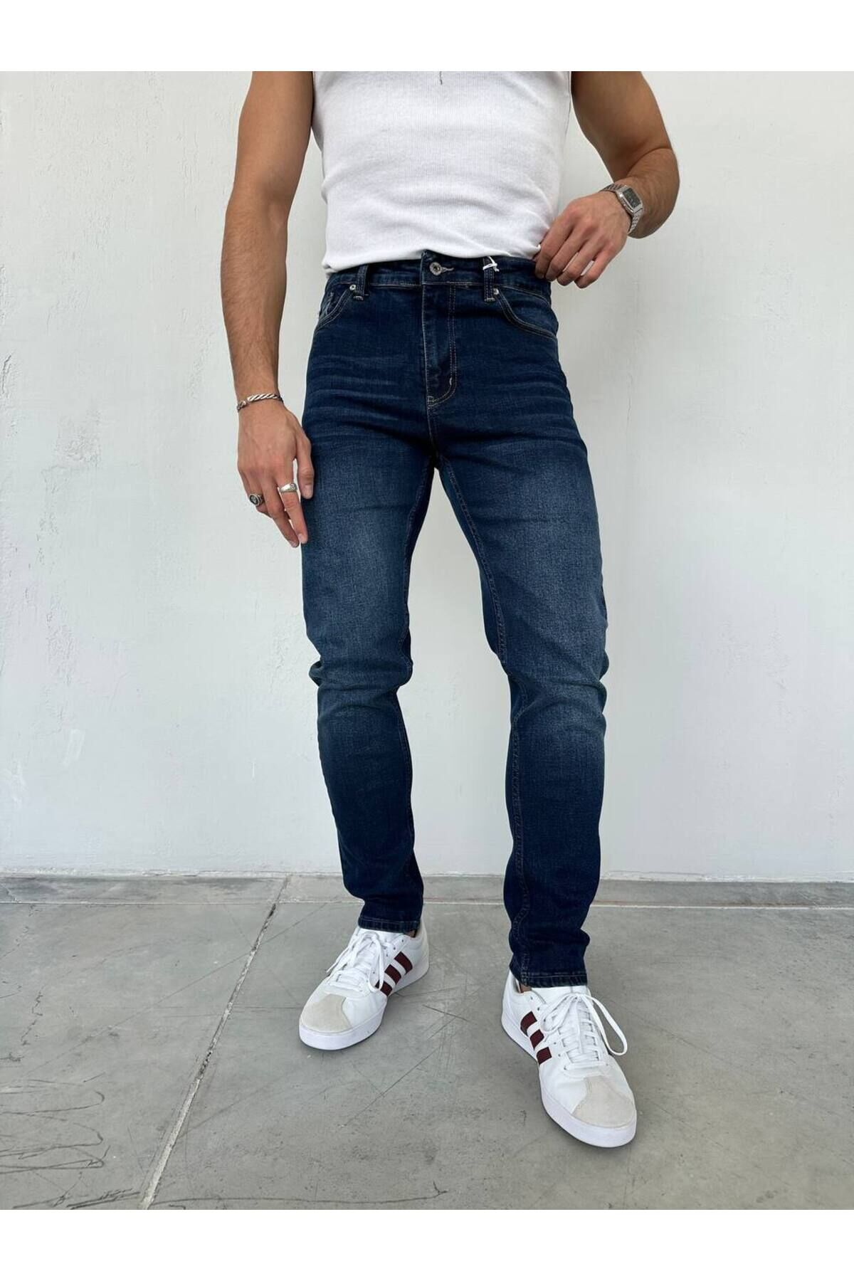 Erkek Regular Normal Kalıp Likralı Kot pantolon Taşlamalı Lacivert - 34