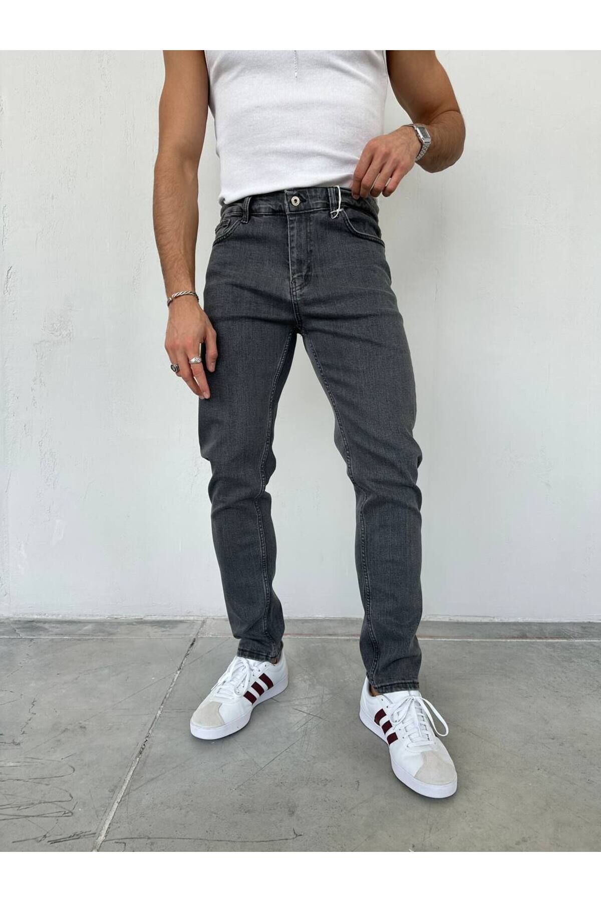 Erkek Regular Normal Kalıp Likralı Kot pantolon Taşlamalı Gri - 36